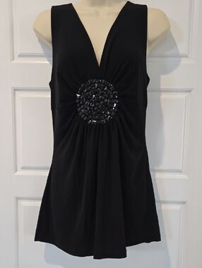 Studio Y Black Sleeveless V-Neck Top with Beaded Medallion